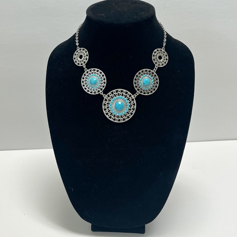 Fashion Jewelry Necklace, Turquoise and Silver Color Disc, Western, 16 1/2"
